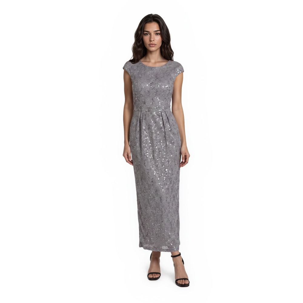 Alex Evenings Gown Women's Size 14 Gray Sequin Lace Cap Sleeve Maxi Dress Formal